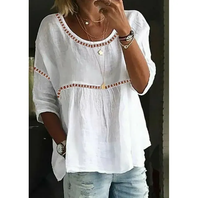 Women's Solid Color Round Neck Hollowed Leisure Top White - Shop at LoveMi