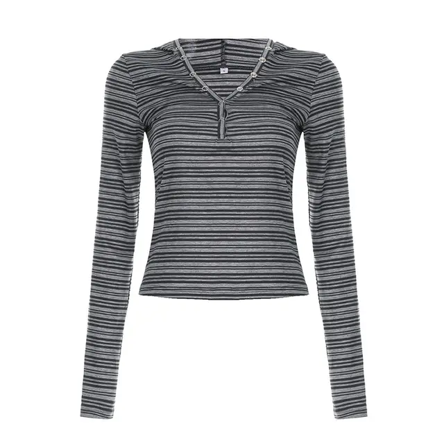 European And American Retro Stripes Contrast Color Hooded Breasted Long Sleeve Gray - Shop at LoveMi