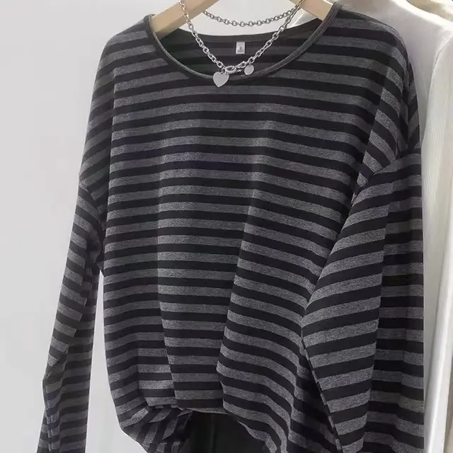 Japanese style Retro Literary Style Gray Striped Crew Neck Long Sleeves Gray - Shop at LoveMi
