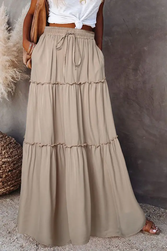 Women's Layered High Waist Elastic Lace up Skirt With Wooden Ears Apricot - Shop at LoveMi