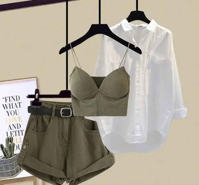 Plus Size Women's Western Style Slimming Thin Type Sunscreen Shirt Short Pants Three piece Suit Set A - Shop at LoveMi