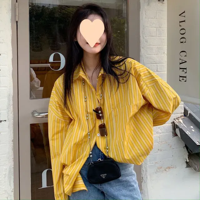 Yellow French Style Design Mid length Striped Shirt Yellow - Shop at LoveMi