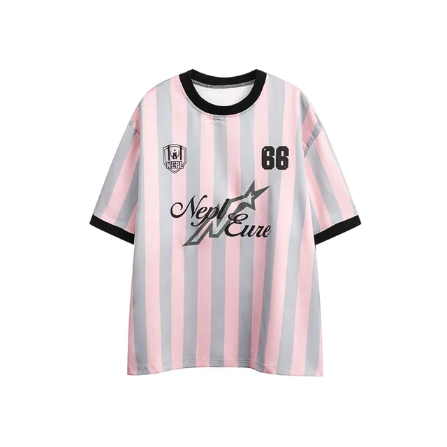 Vertical Stripes Contrast Stitching Short Sleeves Jersey Loose Half Sleeve T shirt Pink - Shop at LoveMi