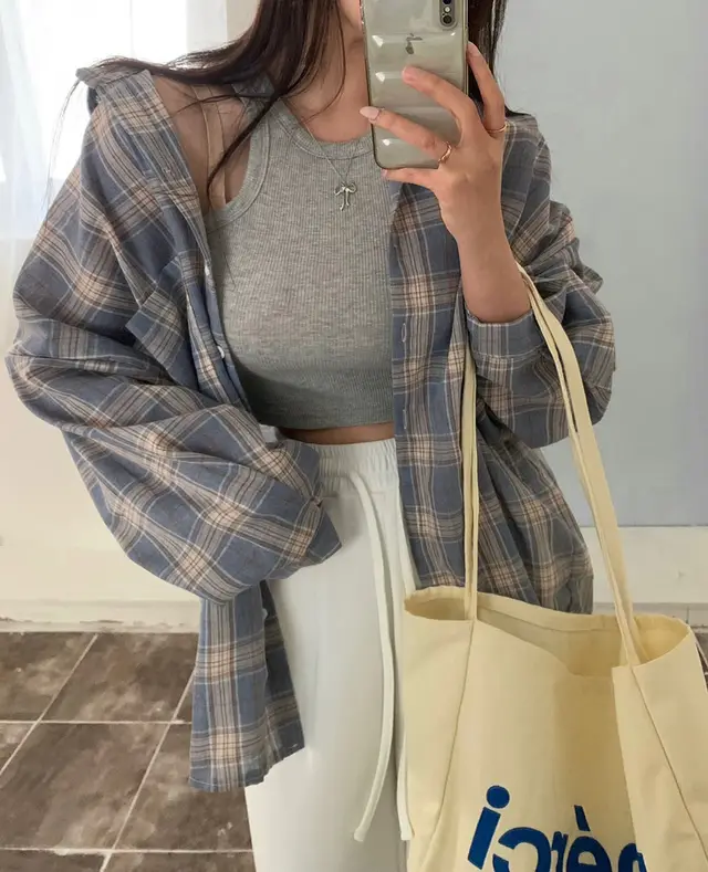 All match Commute Lapel Plaid Shirt Loose Checked Shirt Blue - Shop at LoveMi