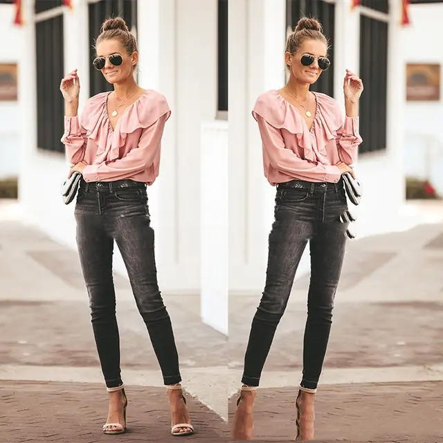 V neck Flounce Loose And Stylish Long Sleeves Chiffon Shirt Pink - Shop at LoveMi