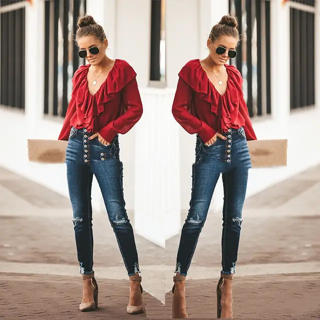 V neck Flounce Loose And Stylish Long Sleeves Chiffon Shirt Red - Shop at LoveMi