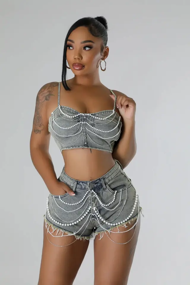 Women's Ins Pearl Drill Chain Denim Camisole Shorts Gray Black - Shop at LoveMi