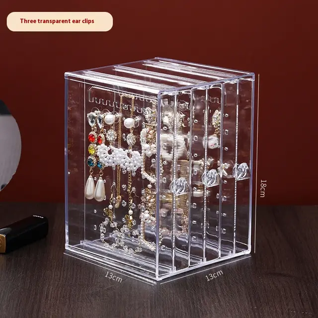 Stud Earrings Necklace Acrylic Ornaments Dustproof Storage Box Three Pull Earring Holder Tran - Shop at LoveMi