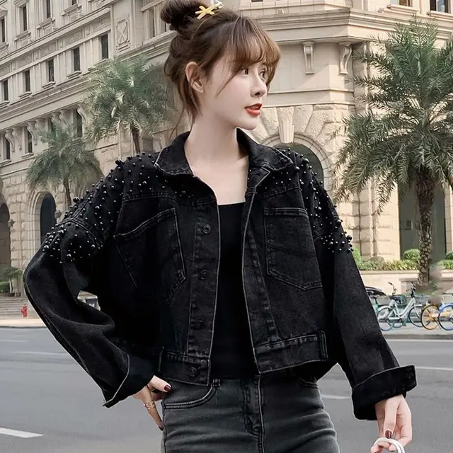 Heavy Industry Beads Short Denim Coat Women's Slimming 222 Beading Style Black - Shop at LoveMi