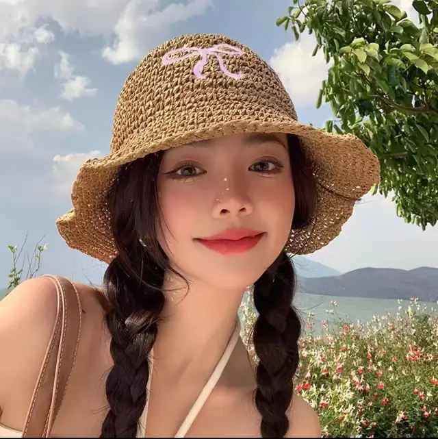 Adjustable Bow Straw Hat Female Summer Travel Sun proof Beach Seaside Sunhat Khaki Pink Bow - Shop at LoveMi