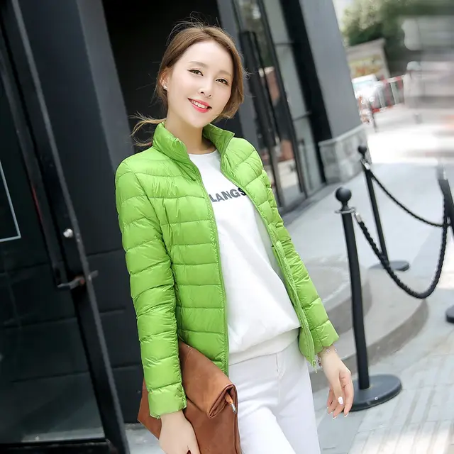 Lightweight Standing Collar Down Jacket For Women Light Green - Shop at LoveMi