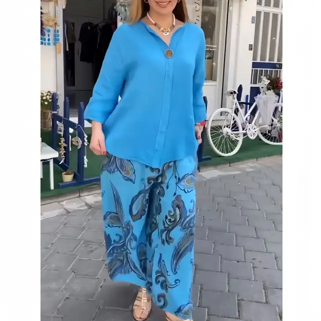 Cotton And Linen Long sleeved Shirt Casual Printed Straight leg Pants Two piece Set A518 Blue - Shop at LoveMi