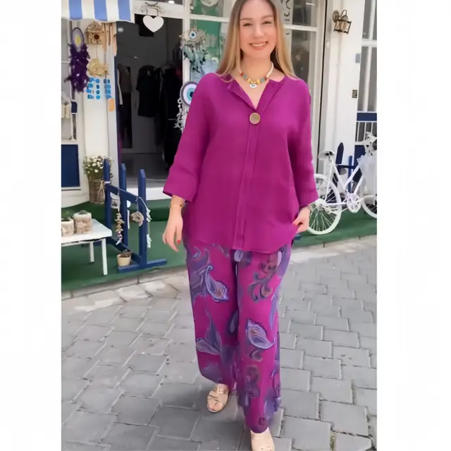 Cotton And Linen Long sleeved Shirt Casual Printed Straight leg Pants Two piece Set A518 Rose Red - Shop at LoveMi