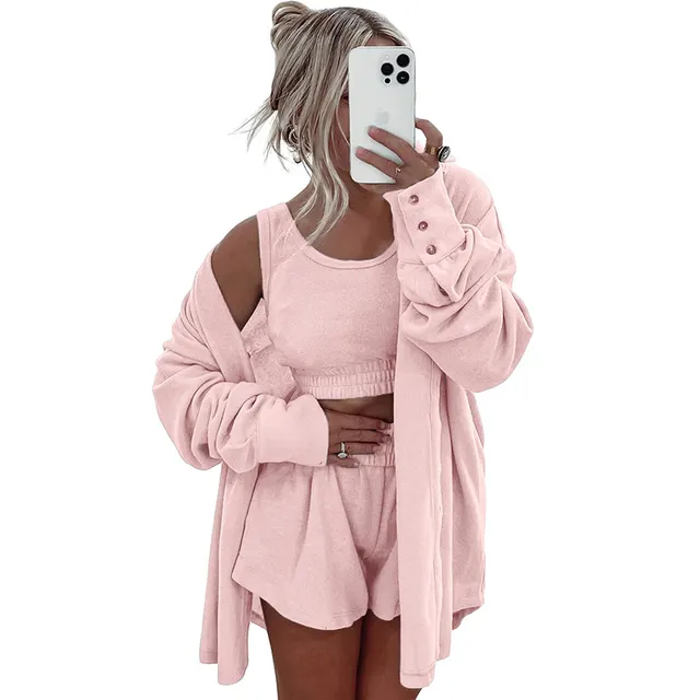 Women's European And American Solid Color Loose Sports Three piece Suit Light Pink - Shop at LoveMi