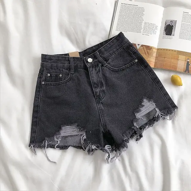 Denim Shorts Women's High Waist Loose Hole Wide Leg Black And Gray - Shop at LoveMi