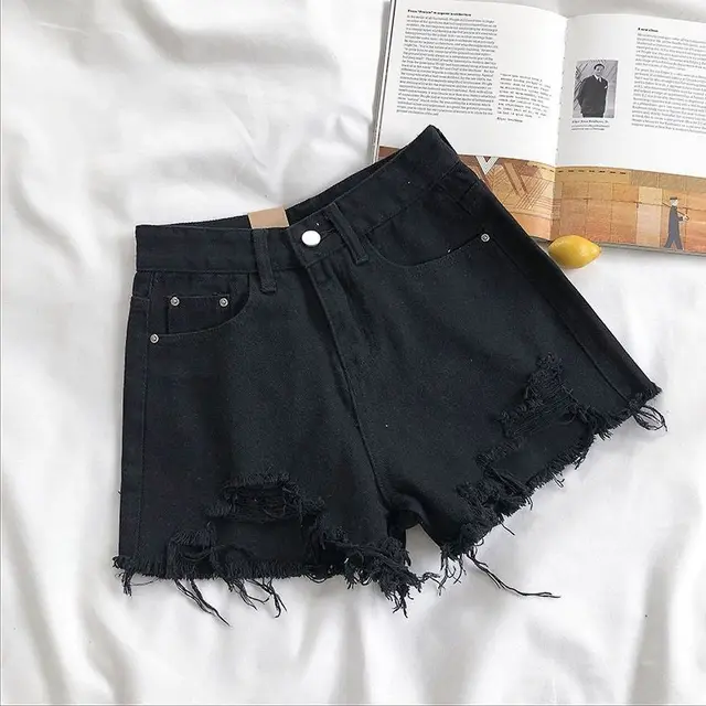 Denim Shorts Women's High Waist Loose Hole Wide Leg Black - Shop at LoveMi