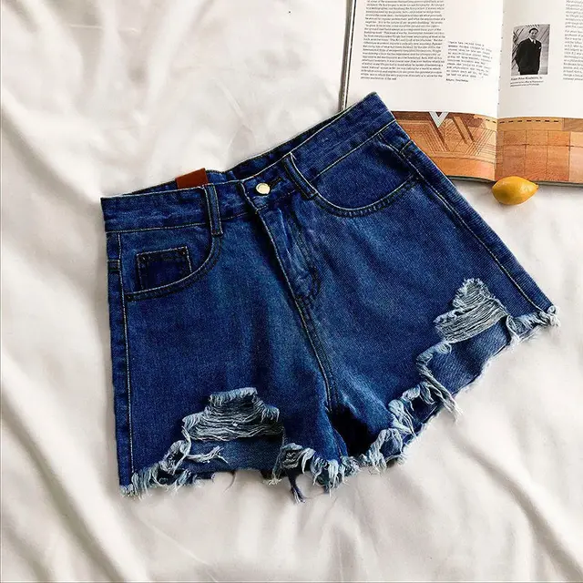 Denim Shorts Women's High Waist Loose Hole Wide Leg Dark Blue - Shop at LoveMi