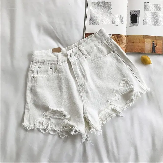 Denim Shorts Women's High Waist Loose Hole Wide Leg White - Shop at LoveMi