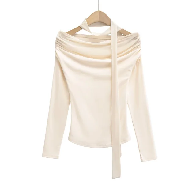 Women's Ribbon Mesh Stitching Off shoulder Long sleeve T shirt Apricot - Shop at LoveMi