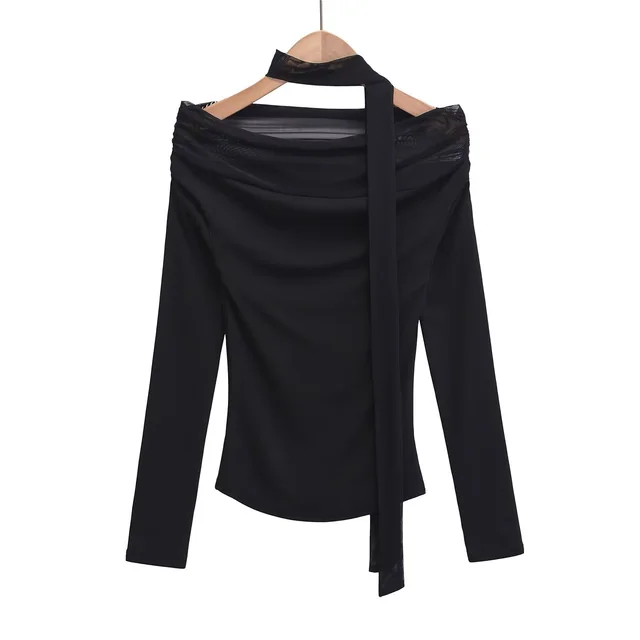 Women's Ribbon Mesh Stitching Off shoulder Long sleeve T shirt Black - Shop at LoveMi