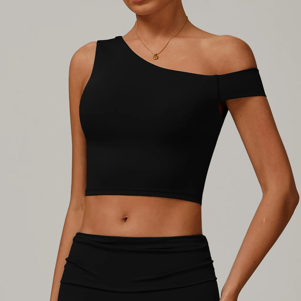Yoga Vest Women's Irregular Shoulder Sports Workout Underwear - Advanced Black