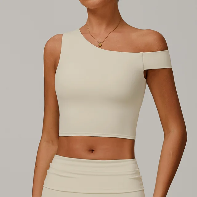 Yoga Vest Women's Irregular Shoulder Sports Workout Underwear Cream Apricot - Shop at LoveMi