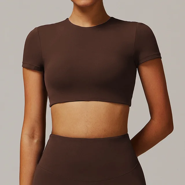 Quick drying Crew Neck Yoga Short Sleeve Hollow out Tight Top Fitness T shirt Coke Tea Coffee Color - Shop at LoveMi