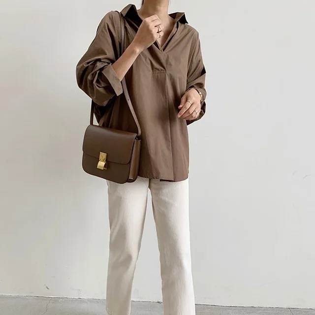 Early Autumn New Temperament Wild Button Loose Slimming Shirt Brown - Shop at LoveMi