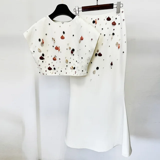 Fashion Heavy Industry Shell Beads Rhinestones Short Top Suit Apricot - Shop at LoveMi