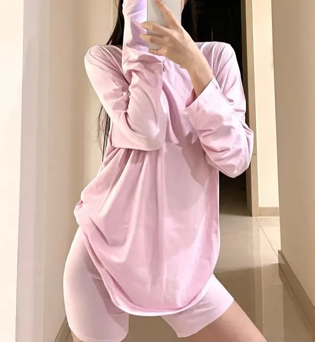 Lazy Skin friendly Texture Loose Long sleeved T shirt For Women Pink Long Sleeve - Shop at LoveMi