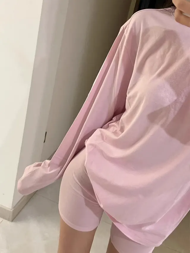 Lazy Skin friendly Texture Loose Long sleeved T shirt For Women Pink Shorts - Shop at LoveMi