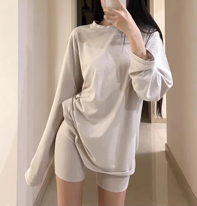 Lazy Skin friendly Texture Loose Long sleeved T shirt For Women Stone Color Long Sleeve - Shop at LoveMi