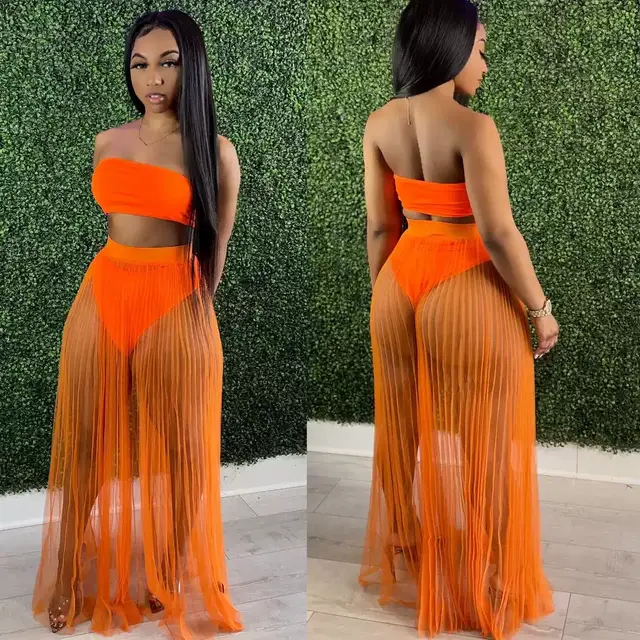 Fashion Women Mesh Pleated Skirt Three piece Dress Orange - Shop at LoveMi