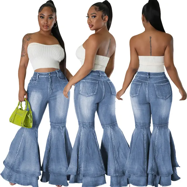 Women's European And American Fashion All match Wide Leg Denim Stretch Flared Pants Light Blue - Shop at LoveMi