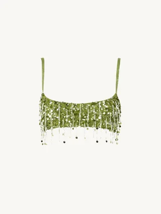 Tassel Sequins Crystal Beads Short Skirt Overall Dress Set - Green Top