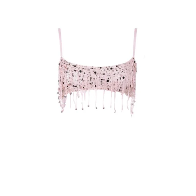 Tassel Sequins Crystal Beads Short Skirt Overall Dress Set Pink Top - Shop at LoveMi