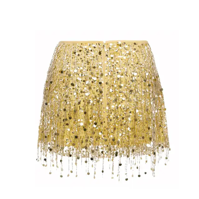 Tassel Sequins Crystal Beads Short Skirt Overall Dress Set Yellow Skirt - Shop at LoveMi