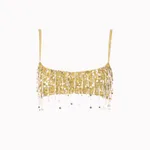 Tassel Sequins Crystal Beads Short Skirt Overall Dress Set - Yellow Top