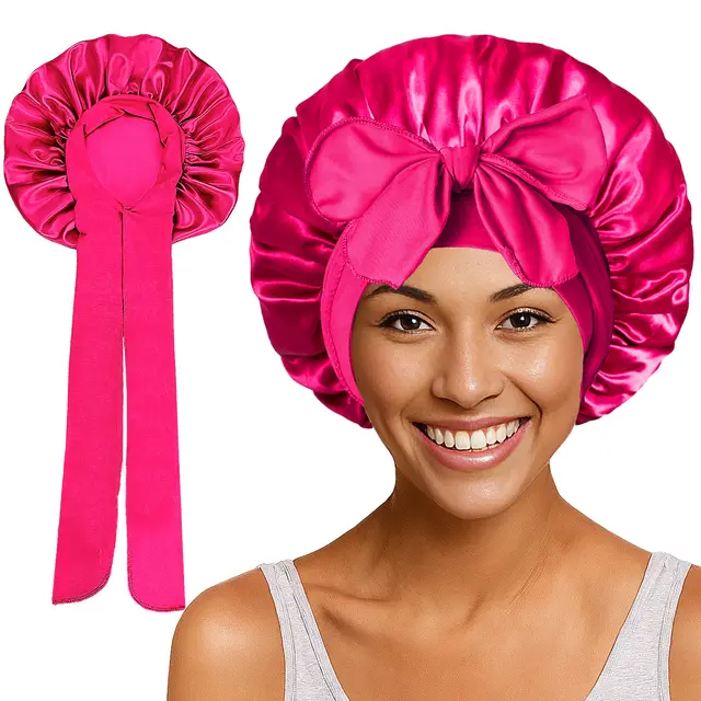Satin Round Cap Bow Elastic Wide brimmed Ribbon Nightcap Rose Red - Shop at LoveMi