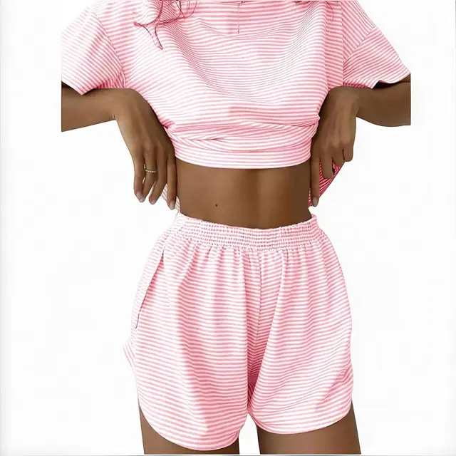 European And American Autumn Knitted Striped Pajamas Loose Short Sleeve Shorts Suit Pink And White Stripes - Shop at LoveMi