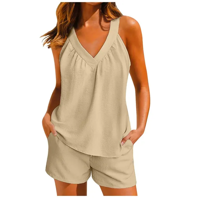 Summer European And American Solid Color And V neck Loose Pullover Sleeveless Casual Pocket Suit Khaki - Shop at LoveMi
