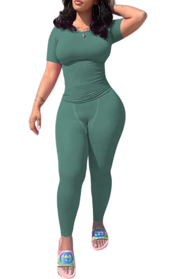 Women's Solid Color Short sleeved Tight Trousers Suit Green - Shop at LoveMi