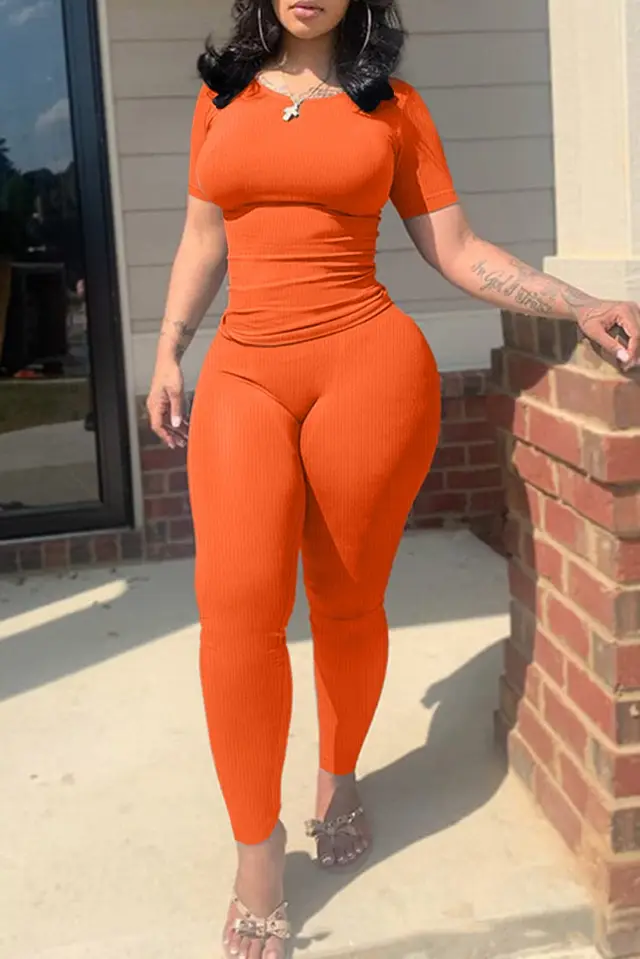 Women's Solid Color Short sleeved Tight Trousers Suit Orange - Shop at LoveMi