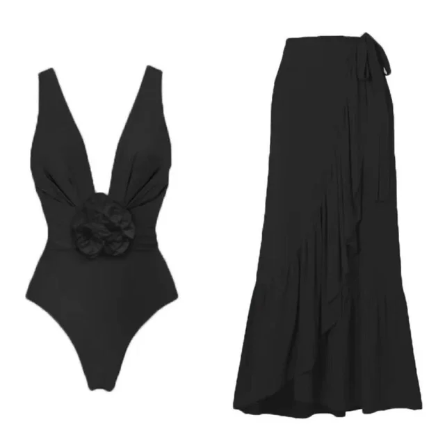 One piece Swimsuit Three dimensional Flower Sexy Cover Belly Black Suit - Shop at LoveMi