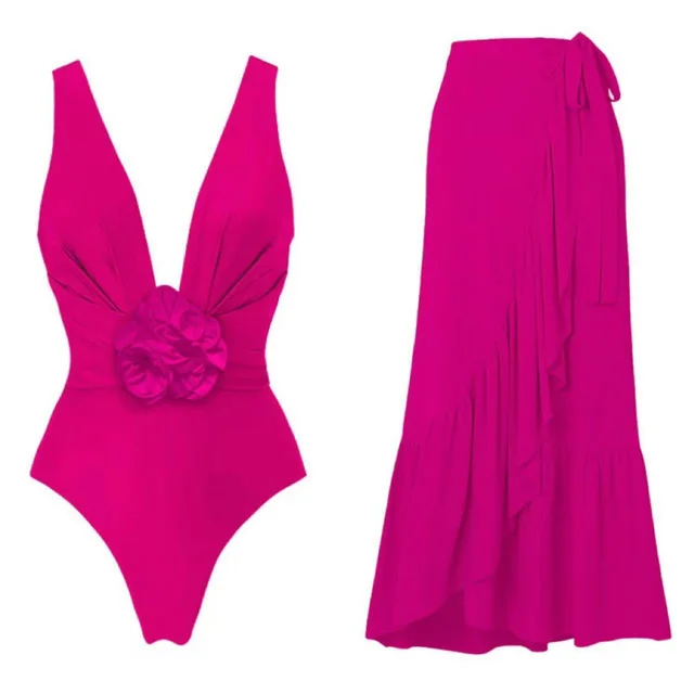 One piece Swimsuit Three dimensional Flower Sexy Cover Belly Rose Red Suit - Shop at LoveMi