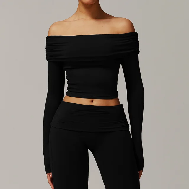 Casual Long Sleeve Yoga Wear Women's Off shoulder Outdoor All matching Advanced Black - Shop at LoveMi