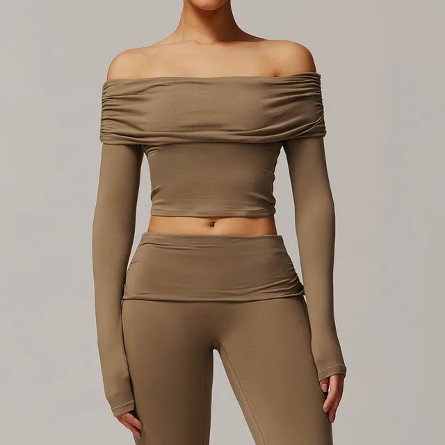 Casual Long Sleeve Yoga Wear Women's Off shoulder Outdoor All matching Caramel Mocha - Shop at LoveMi