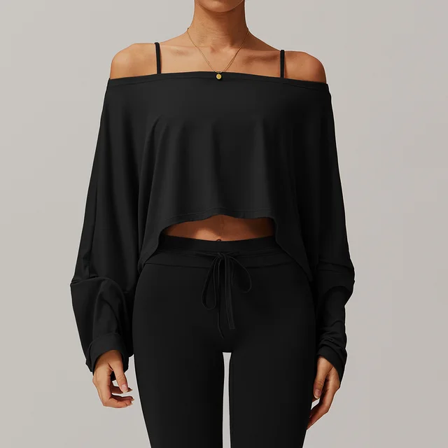 Fitness Sports Long sleeved Top Women's Off shoulder Batwing Sleeve Advanced Black - Shop at LoveMi