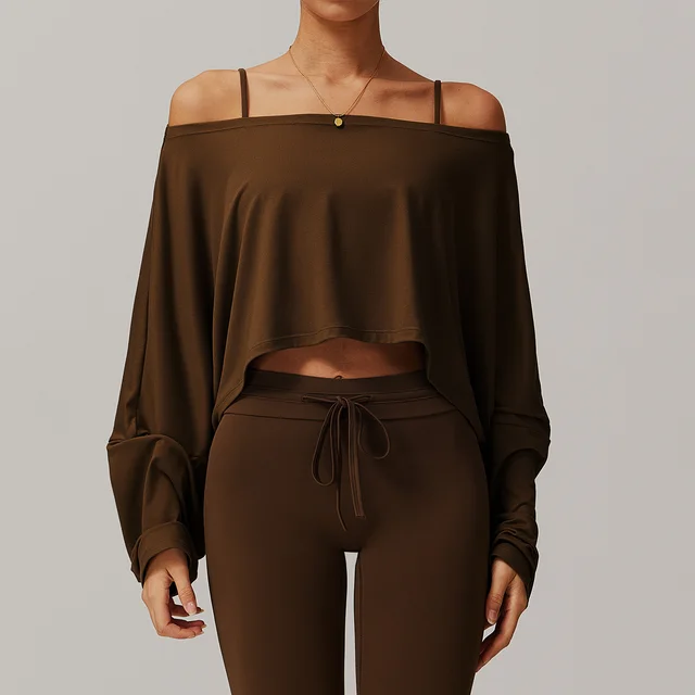 Fitness Sports Long sleeved Top Women's Off shoulder Batwing Sleeve Birch Tea Brown - Shop at LoveMi