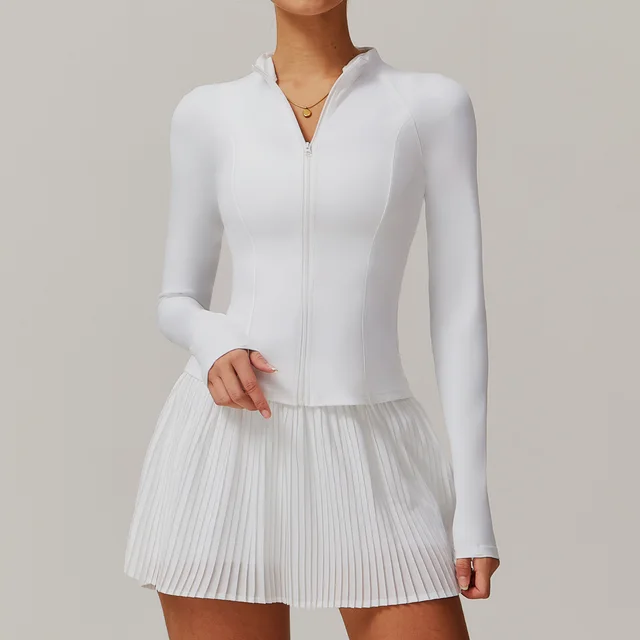 Stand Collar Zipped Sports Coat Female Fitness Yoga Wear Swan White - Shop at LoveMi